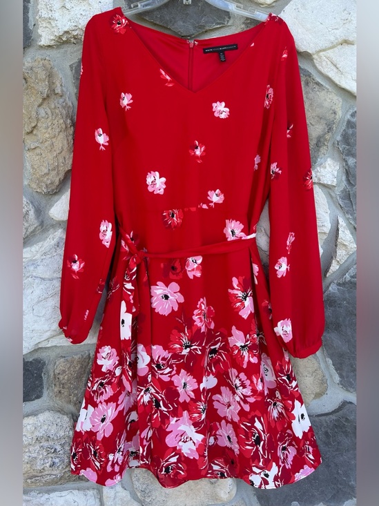 White House Black Market Dresses & Skirts - White House Black Market Red Floral Long-Sleeve A-Line Dress